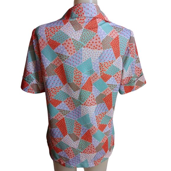 Vtg Large 1970's Blouse Polyester Granny Patchwork Print Short Sleeve Handmade - Picture 8 of 8